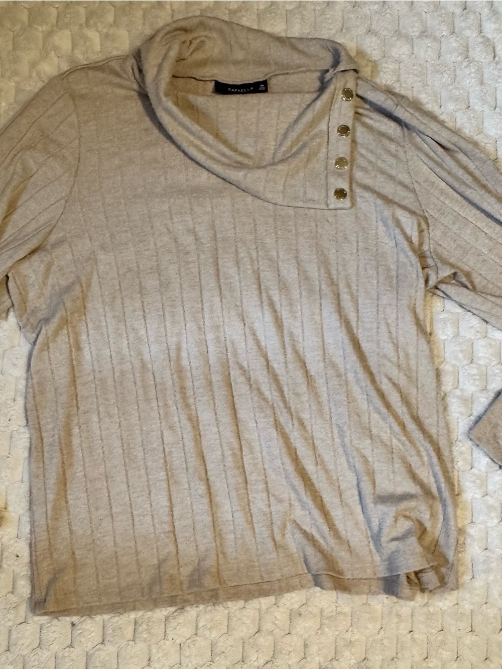 Rafaella Beige Ribbed Button-Neck Pullover